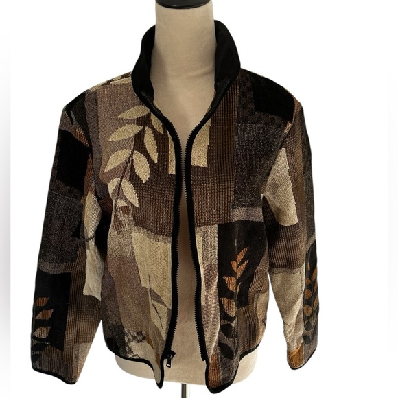 Coldwater Creek Petite Large Jacket Zip Black Brown Leaf Pattern - Picture 8 of 10
